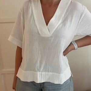 Faherty White Textured V-Neck Blouse
